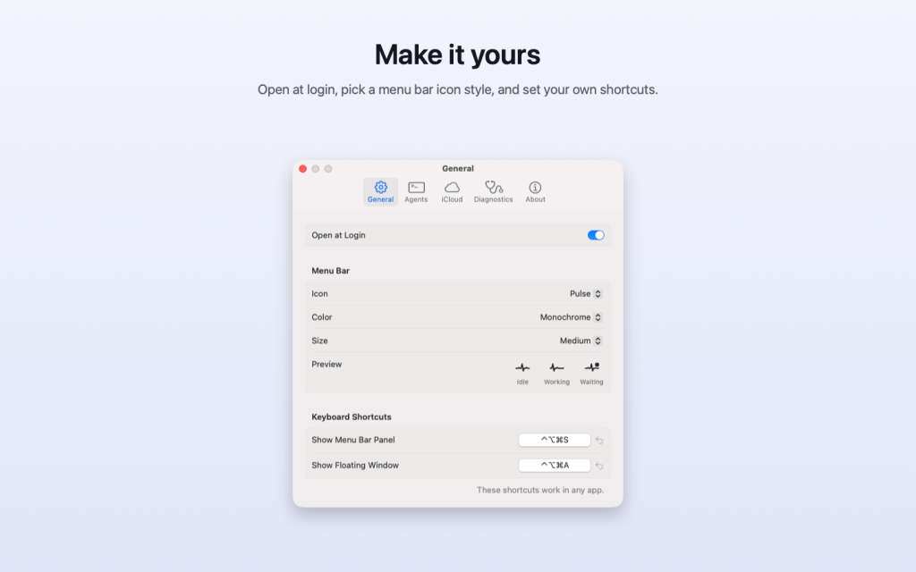 AI Status settings for the menu bar icon